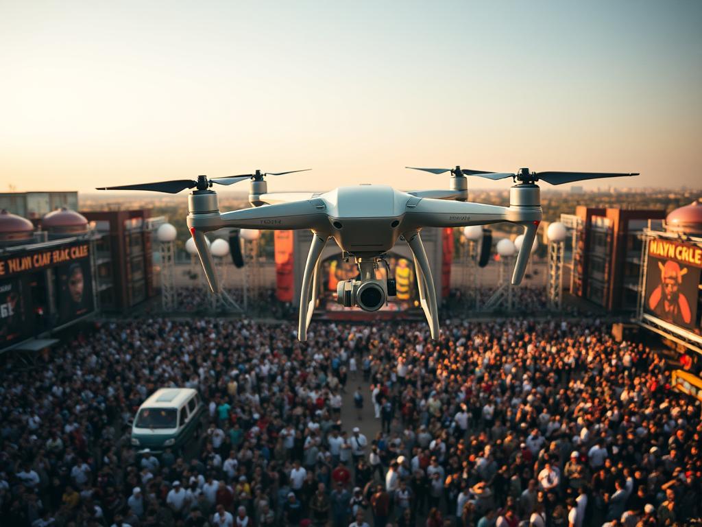 Dron filmujący duże wydarzenie kulturalne z ukazaniem skali i atmosfery imprezy