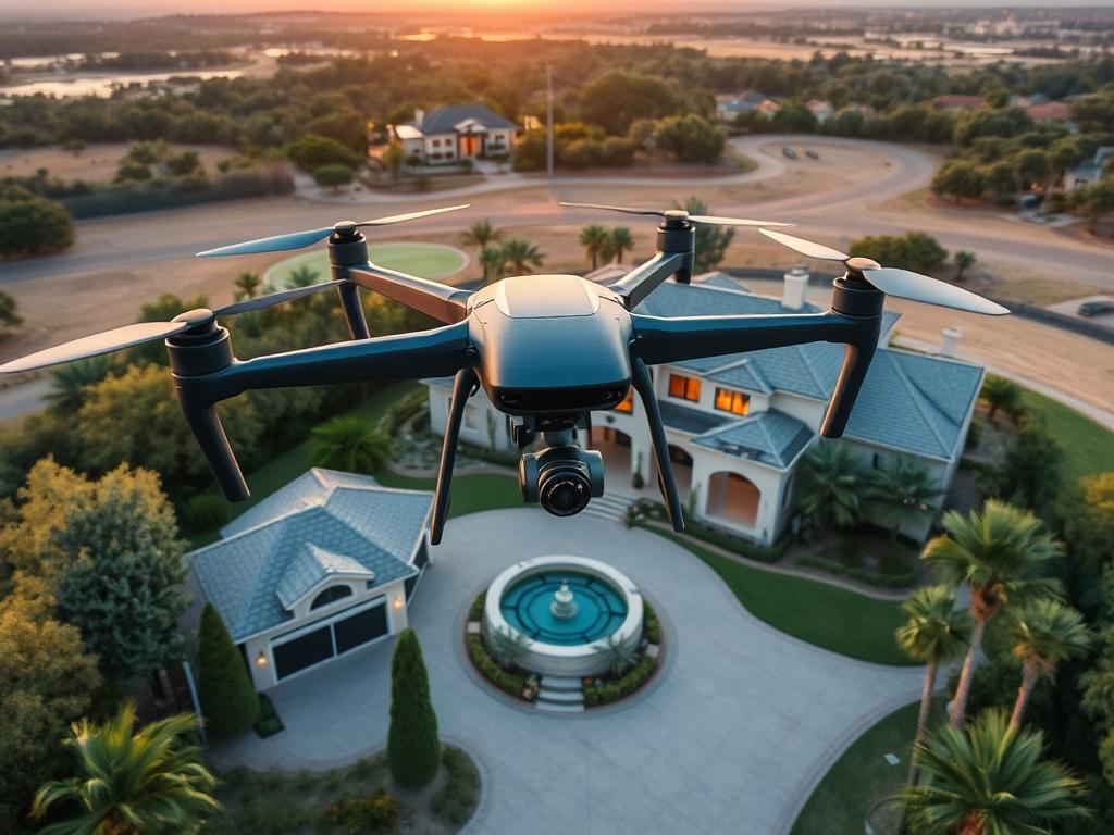 Dron filmujący luksusową nieruchomość z ukazaniem otoczenia i walorów posesji