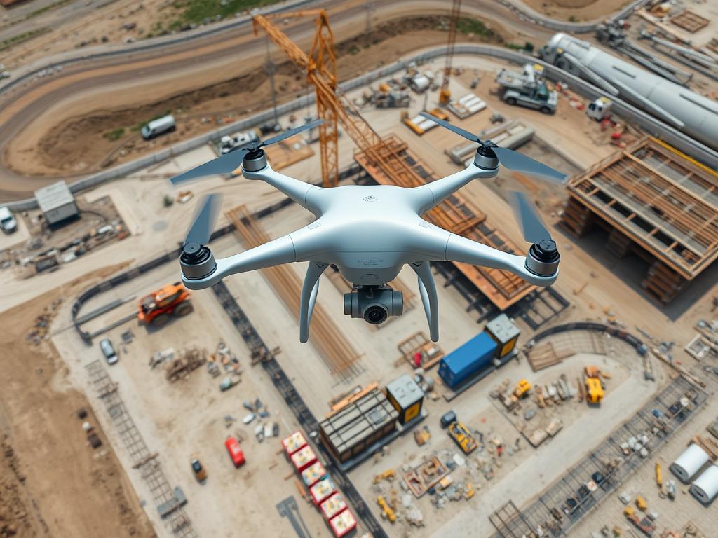 Dron monitorujący postęp prac na rozległym placu budowy