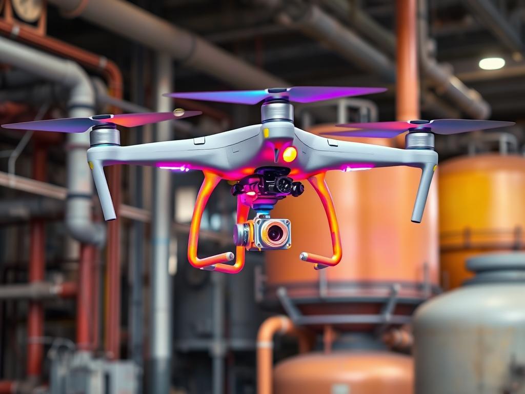 Dron z kamerą termowizyjną podczas inspekcji instalacji przemysłowej