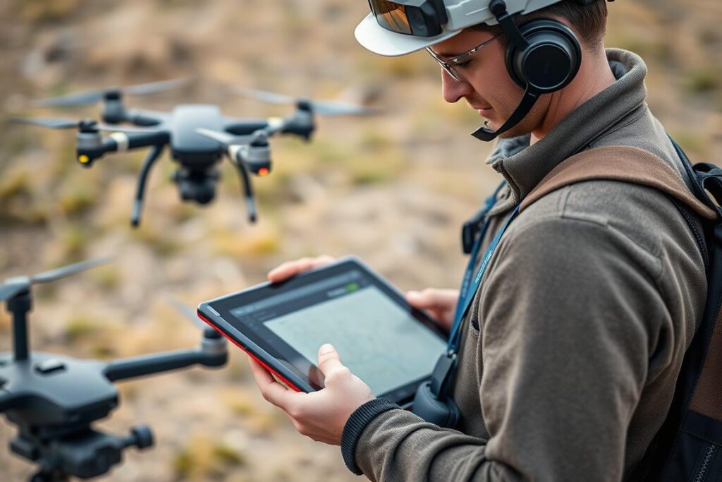 Operator drona z certyfikatem UAVO podczas planowania misji lotniczej