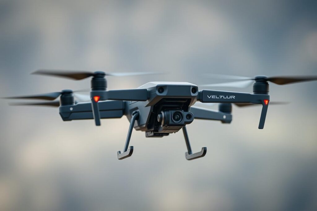 Zaawansowany dron filmowy z gimbalem i profesjonalną kamerą podczas lotu